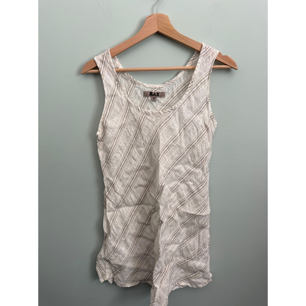 Flax Linen Tank Top Sleeveless Scoop Neck Neutral Diagonal Stripe Size Small